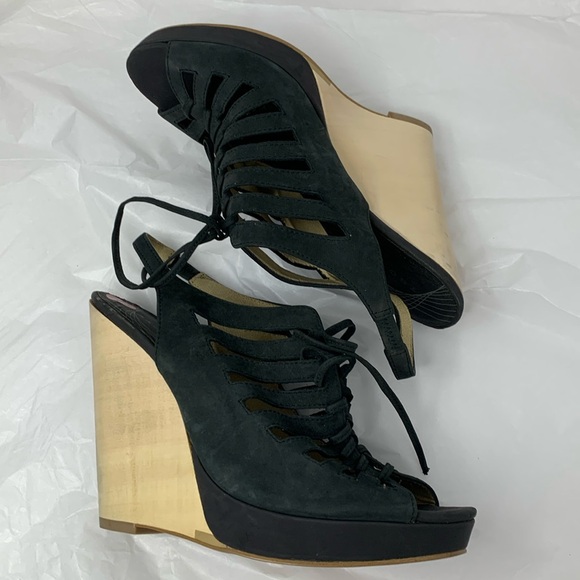 Trouve black suede Lace-up wedge heels sandals peep toe boho urban edgy size 9 - Picture 1 of 9